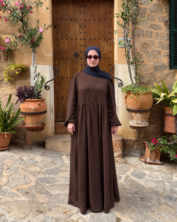 The Haya Modest Maxi Dress with Puff Sleeves Tencel Twill (Qahwa Brown)